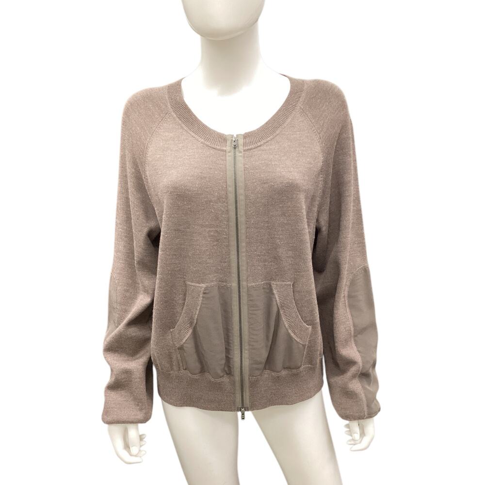St.John Women’s Sweater Size L Zip Up Cardigan Wool Silk Pockets Fine Knit Brown